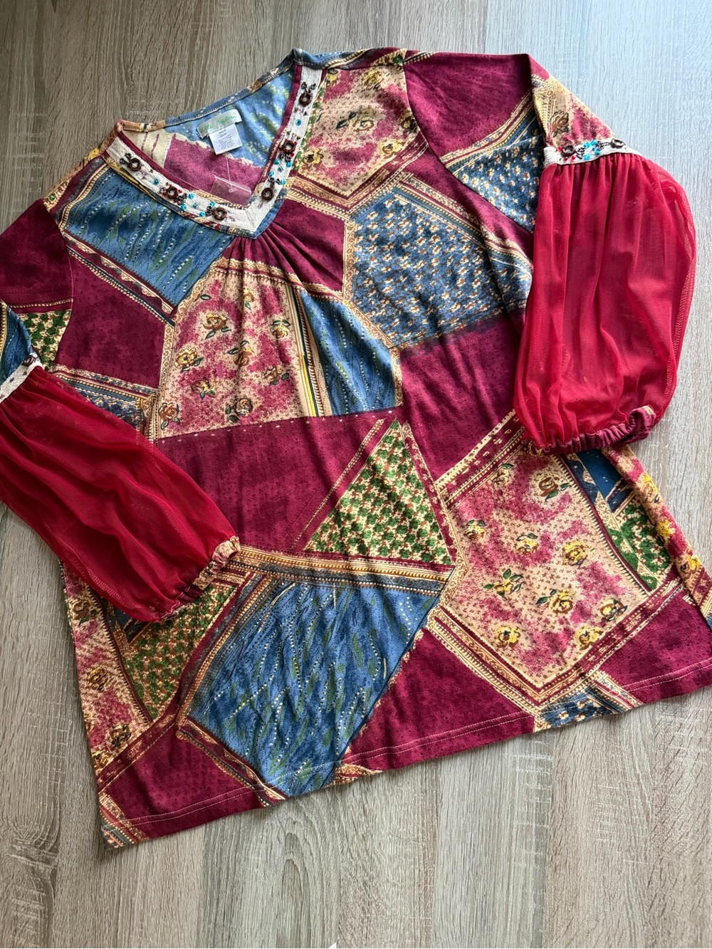 Ulla Popken Boho Patchwork Relaxed Fit V-Neck Tunic Burgundy Multi Size 20/22 - Picture 7 of 13